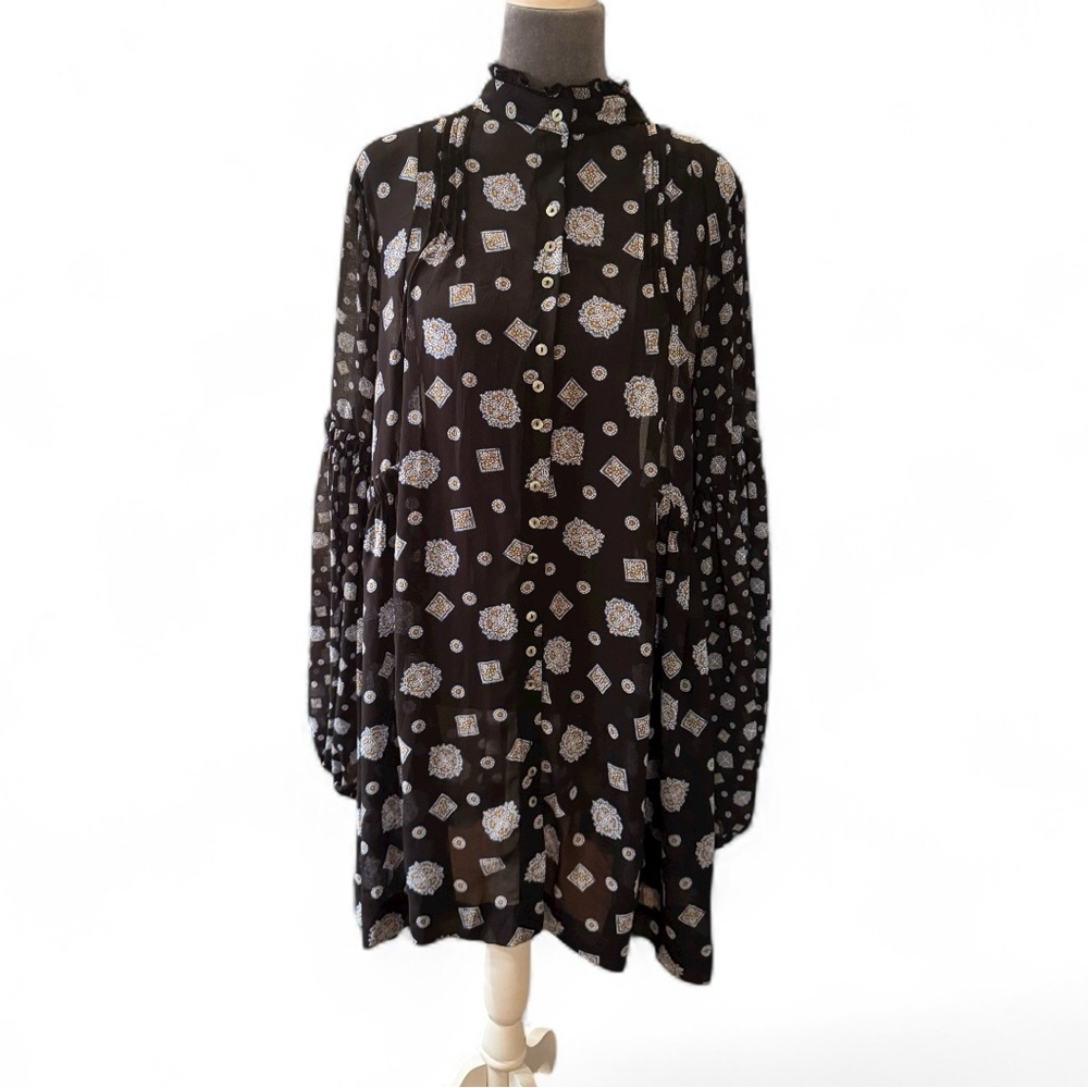 Free People Black button up flowy mini dress sheer nwot